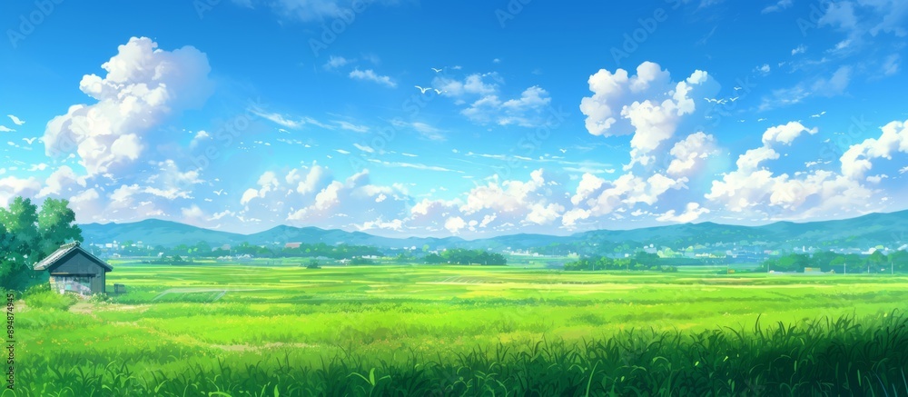 Anime-Style Green Field with Hill, Clouds, Small House, and Dirt Road Leading to Farm Anime-Style Green Field with Hill, Clouds, Small House, and Dirt Road Leading to Farm