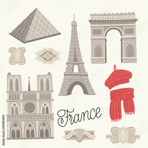 Flat vector illustration with traditional symbols of France, architecture. Paris landmarks. Set with Eiffel Tower, Louvre, Moulin Rouge Cabaret, Notre Dame Cathedral, Arc de Triomphe.