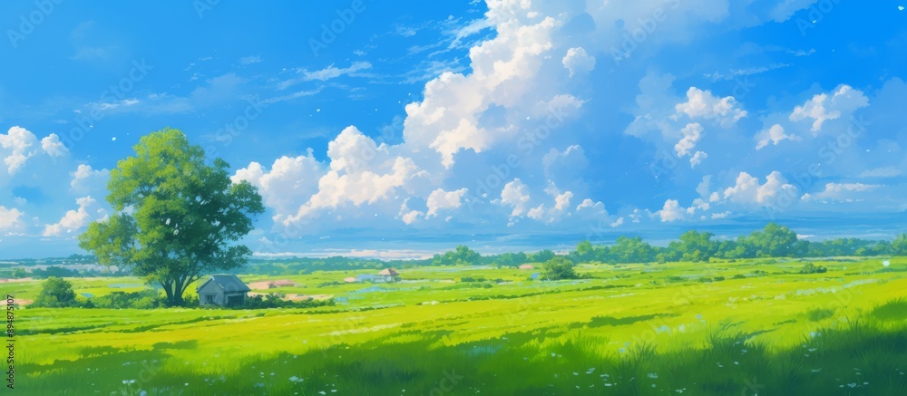 Anime-Style Green Field with Hill, Clouds, Small House, and Dirt Road Leading to Farm Anime-Style Green Field with Hill, Clouds, Small House, and Dirt Road Leading to Farm