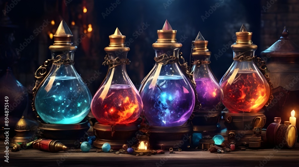 Photo bottles with magic potions Photo bottles with magic potions