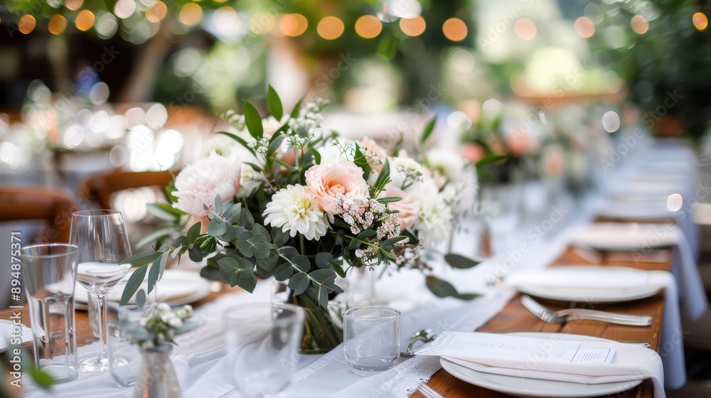 An elegantly arranged table features beautiful floral centerpieces with glasses and dinnerware set up, providing a perfect setting for a sophisticated gathering. An elegantly arranged table features beautiful floral centerpieces with glasses and dinnerware set up, providing a perfect setting for a sophisticated gathering.