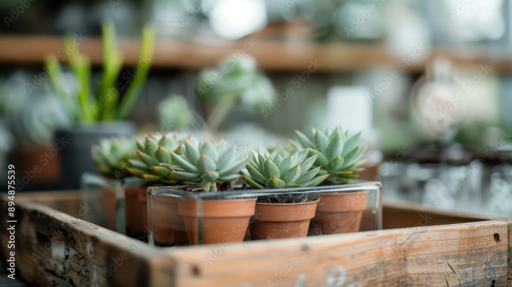 Several small succulent plants are neatly arranged in a rustic wooden box on a table, presenting a charming and minimalist decoration idea that emphasizes nature and simplicity. Several small succulent plants are neatly arranged in a rustic wooden box on a table, presenting a charming and minimalist decoration idea that emphasizes nature and simplicity.