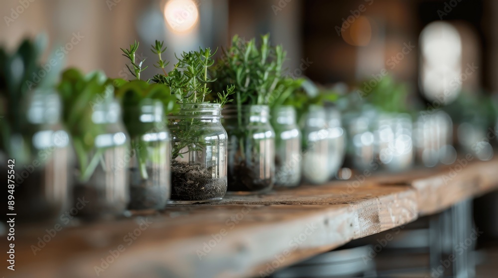 A rustic wooden table adorned with mason jars filled with various fresh herbs, captured in a soft, inviting focus to emphasize the natural and cozy atmosphere. A rustic wooden table adorned with mason jars filled with various fresh herbs, captured in a soft, inviting focus to emphasize the natural and cozy atmosphere.