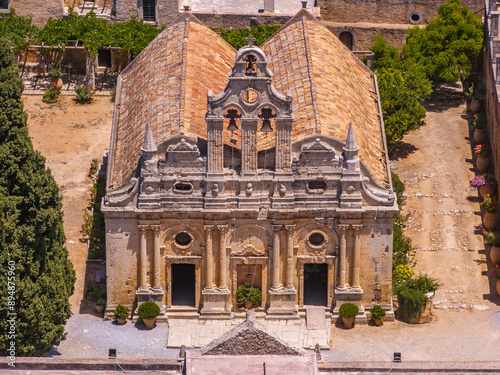 Greece - The amazing Sacred Monastery of Arkadi Rethymno Crete photographet from the air in sunny summer time photo