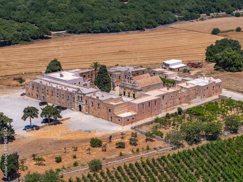 Greece - The amazing Sacred Monastery of Arkadi Rethymno Crete photographet from the air in sunny summer time photo