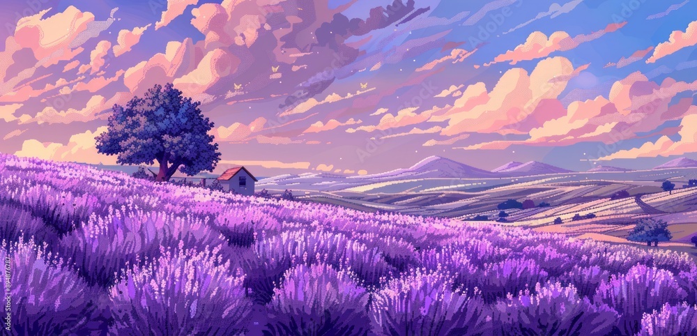 lavender hill background. 2d pixel graphic