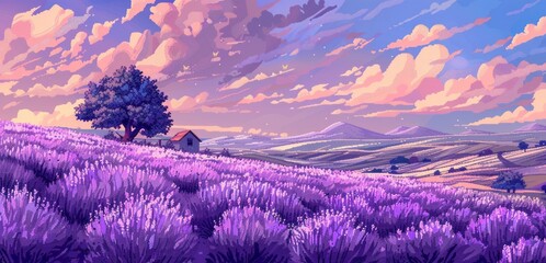 Papier peint photo Prune lavender hill background. 2d pixel graphic  © Otseira