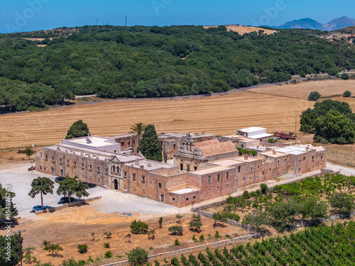 Greece - The amazing Sacred Monastery of Arkadi Rethymno Crete photographet from the air in sunny summer time photo