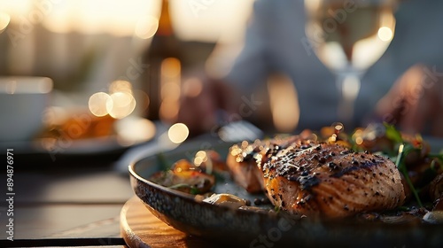 Fototapeta Naklejka Na Ścianę i Meble -  A mouthwatering close-up of a grilled fish dish served with vegetables and garnished in a beautifully presented plate, ideal for a luxurious dining experience.