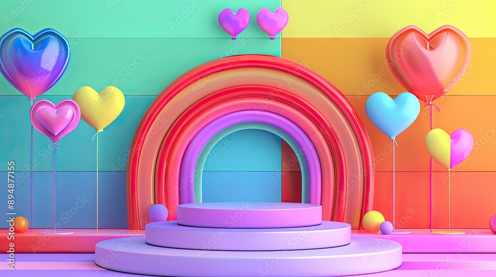 3D LGBT pride month platform with a rainbow flag background and podium, showcasing community love, peace symbols, and party designs, ideal for LGBTQ day posters and pride festival templates