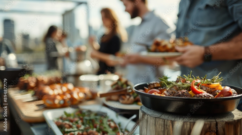 A wide array of delicious food displayed in buffet style at a rooftop party, with people in the background enjoying the vibrant atmosphere during a beautiful sunset. A wide array of delicious food displayed in buffet style at a rooftop party, with people in the background enjoying the vibrant atmosphere during a beautiful sunset.