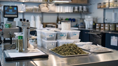 Modern Cannabis Packaging Station with Organized Containers and Measuring Equipment for Efficient Inventory Management