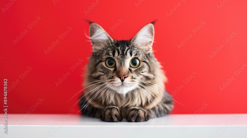 Serious Maine Coon tabby cat in close up portrait on white table against red backdrop Theme pets domestic life veterinary care pet food Serious Maine Coon tabby cat in close up portrait on white table against red backdrop Theme pets domestic life veterinary care pet food