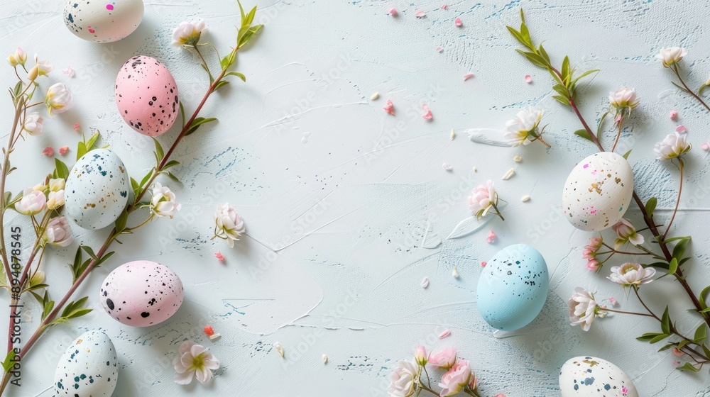 Easter eggs and flowers on a white table with space for text Easter eggs and flowers on a white table with space for text