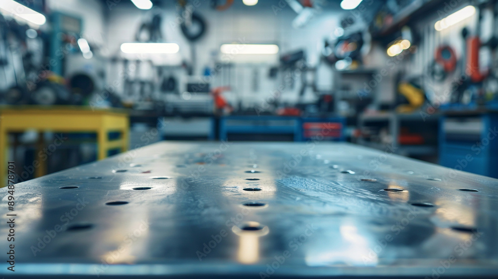 A blank metal tabletop with blurred automotive tools and parts in the background, suitable for promoting automotive products A blank metal tabletop with blurred automotive tools and parts in the background, suitable for promoting automotive products