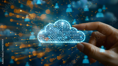 Hand touching infographic cloud computing and technology. Generative AI