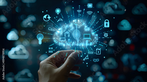Hand touching infographic cloud computing and technology. Generative AI
