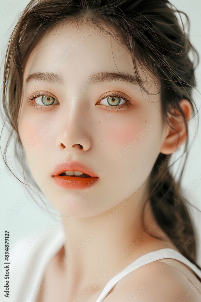 Naklejka premium Elegant Close-up Portrait of a Beautiful Woman with Natural Makeup and Clear Eyes