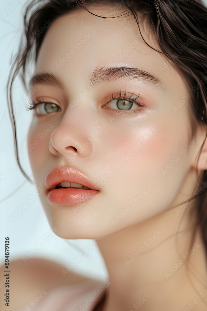 Naklejka premium Elegant Close-up Portrait of a Beautiful Woman with Natural Makeup and Clear Eyes