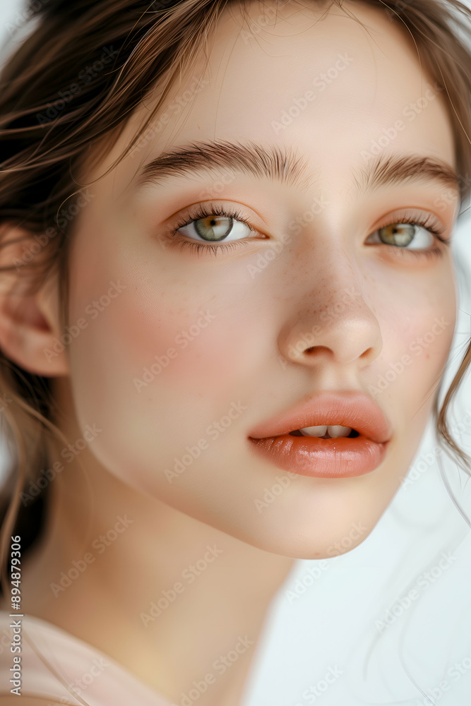 Obraz premium Elegant Close-up Portrait of a Beautiful Woman with Natural Makeup and Clear Eyes