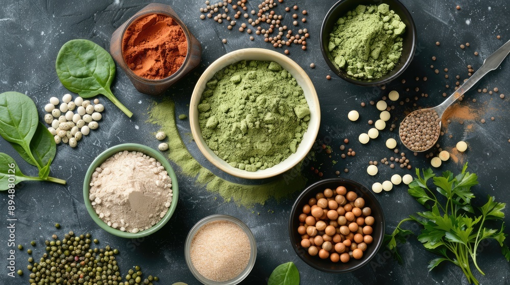 Healthy plant-based protein powder with natural ingredients displayed on a table, promoting a vegetarian and high-protein diet concept