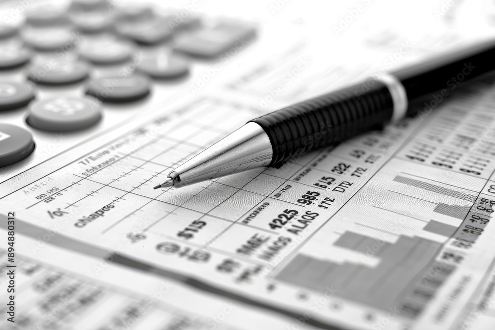 Pen placed on a spreadsheet, highlighting financial data and figures, symbolizing business, finance, and office work. Pen placed on a spreadsheet, highlighting financial data and figures, symbolizing business, finance, and office work.
