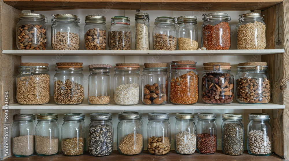 A well-organized kitchen pantry filled with jars of whole grains, nuts, and seeds, promoting the idea of a balanced diet and the benefits of nutritious, whole foods A well-organized kitchen pantry filled with jars of whole grains, nuts, and seeds, promoting the idea of a balanced diet and the benefits of nutritious, whole foods