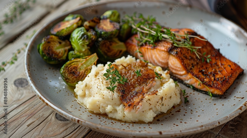 Gourmet Grilled Salmon Dinner with Mashed Cauliflower and Roasted Brussels Sprouts on Rustic Table Gourmet Grilled Salmon Dinner with Mashed Cauliflower and Roasted Brussels Sprouts on Rustic Table