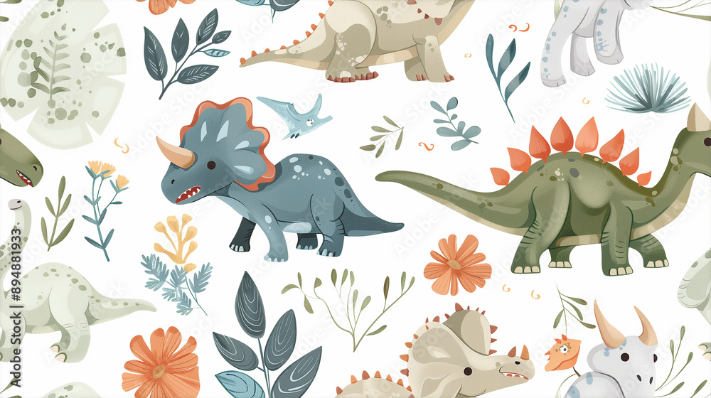 Obraz premium Seamless pattern with different types of dinosaurs with trees, floral and leaves, background useful for wallpaper, nursery, textile, wrapping paper
