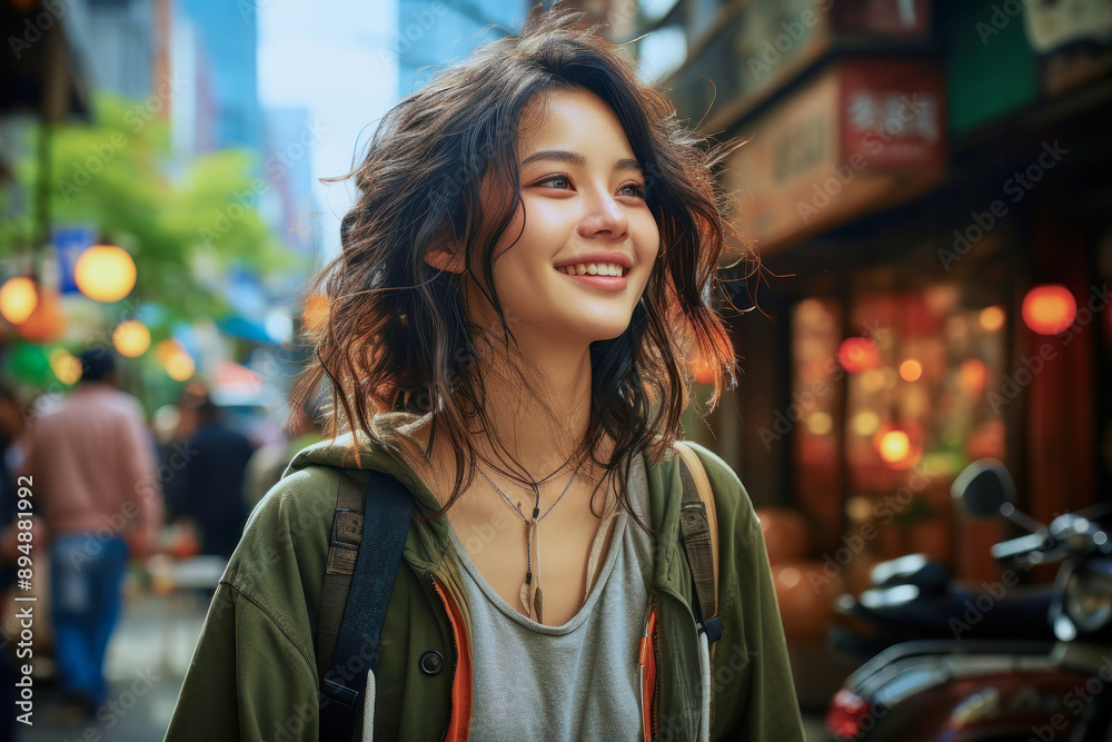 Portrait of beautiful cheerful stylish smiling casual gorgeous asian young woman with curly hair outdoors Portrait of beautiful cheerful stylish smiling casual gorgeous asian young woman with curly hair outdoors