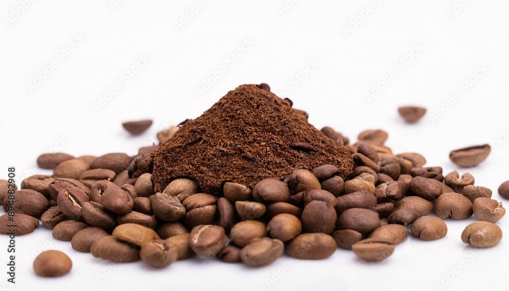 Roasted Coffee Beans Scattered on White Background with Copy Space Roasted Coffee Beans Scattered on White Background with Copy Space