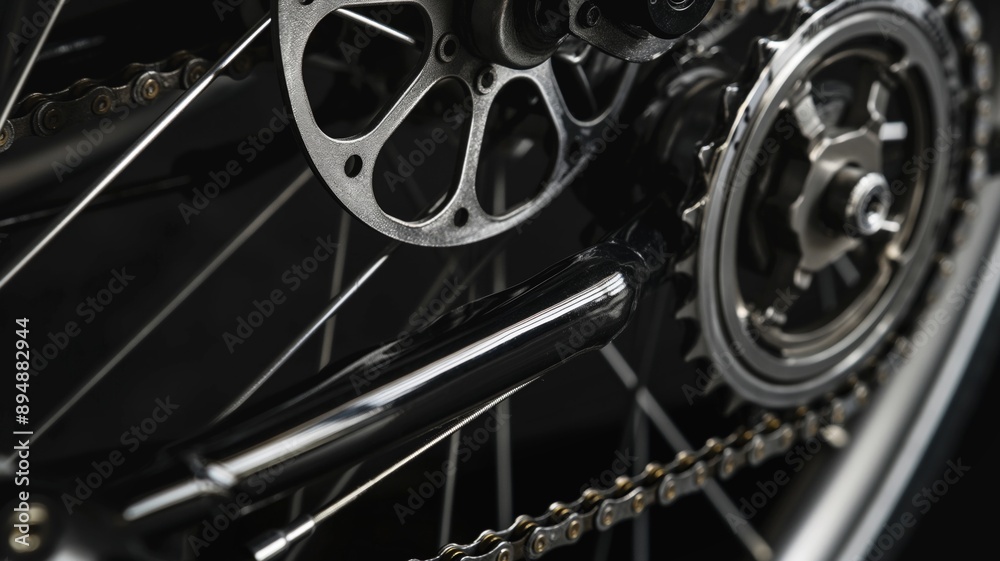 Obraz premium Close-up of bicycle chain and sprocket with shallow depth of field on dark background, showcasing intricate details and texture.