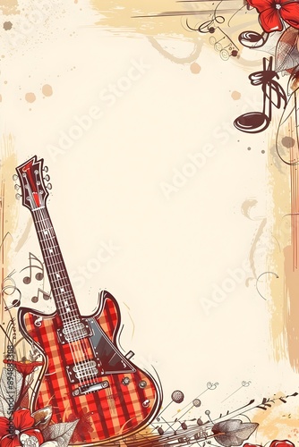 Plaid and Music Doodle Page Print Border Design with Blank Space for Mock Up