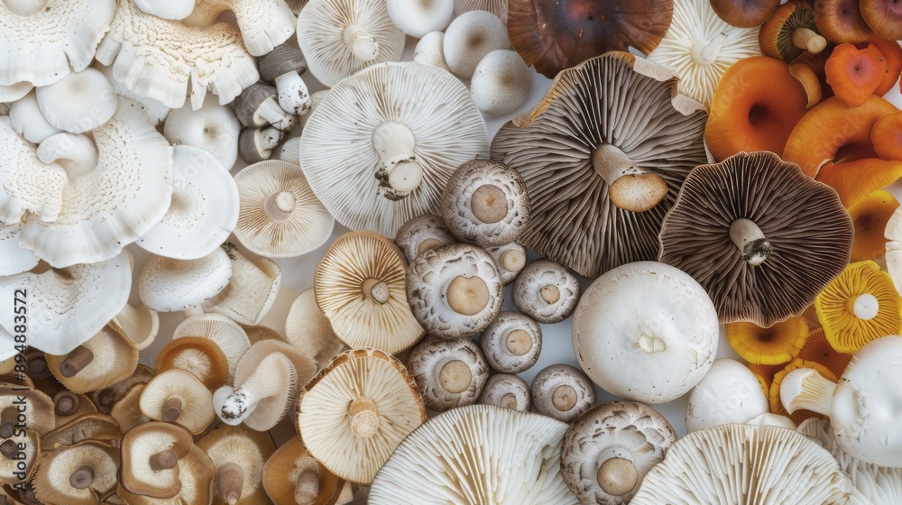 Assorted fresh organic mushrooms including shiitake, portobello, and button mushrooms arranged in a top view on a clean white background Assorted fresh organic mushrooms including shiitake, portobello, and button mushrooms arranged in a top view on a clean white background