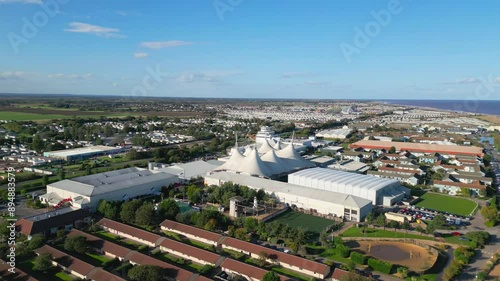 Aerial drone footage of the famous Butllins holiday camp based in the seaside town of Skegness Lancashire, UK