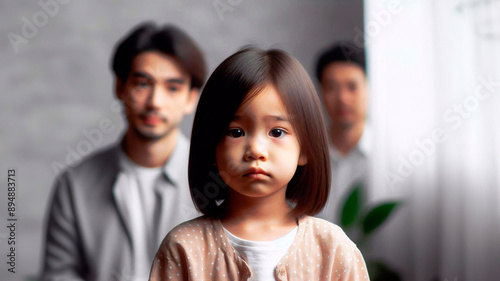 Portrait of a sad child, in the background there is a conflict between father and mother