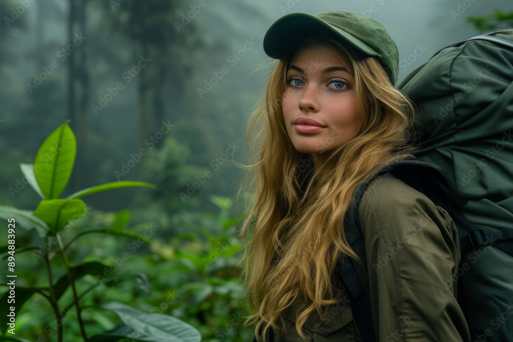 Portrait of young teenage girl with backpack, exploring lush, misty forest, showcasing adventure and nature beauty, symbolizing curiosity and sense of discovery Portrait of young teenage girl with backpack, exploring lush, misty forest, showcasing adventure and nature beauty, symbolizing curiosity and sense of discovery