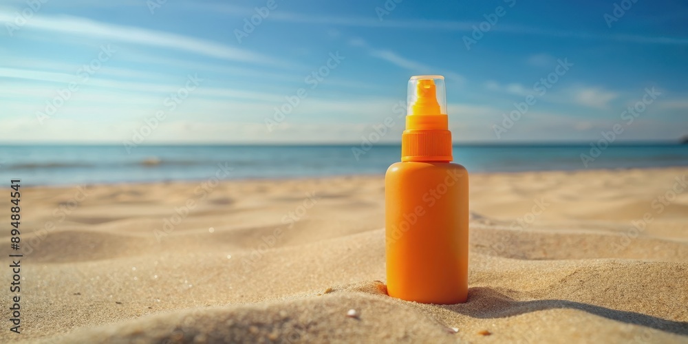 Close up of an orange sunscreen spray bottle on the sandy beach , sunscreen, spray, orange, bottle, sand, summer, protection Close up of an orange sunscreen spray bottle on the sandy beach , sunscreen, spray, orange, bottle, sand, summer, protection
