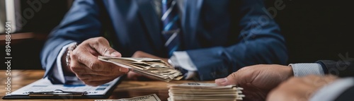 Businessman hands over cash for a business transaction, showcasing financial exchange and corporate dealings with a formal handshake.