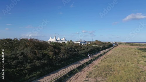 Aerial drone footage of the famous Butllins holiday camp based in the seaside town of Skegness Lancashire, UK photo