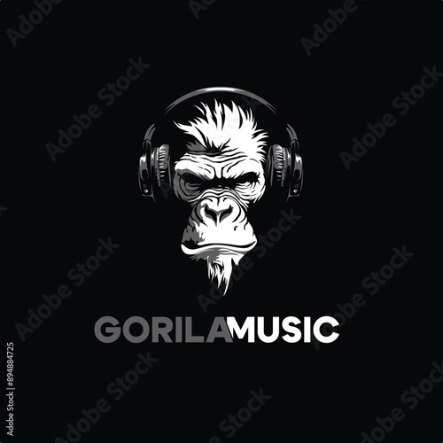 Gorila Music logo with a illustration of gorila face wear a headphone.