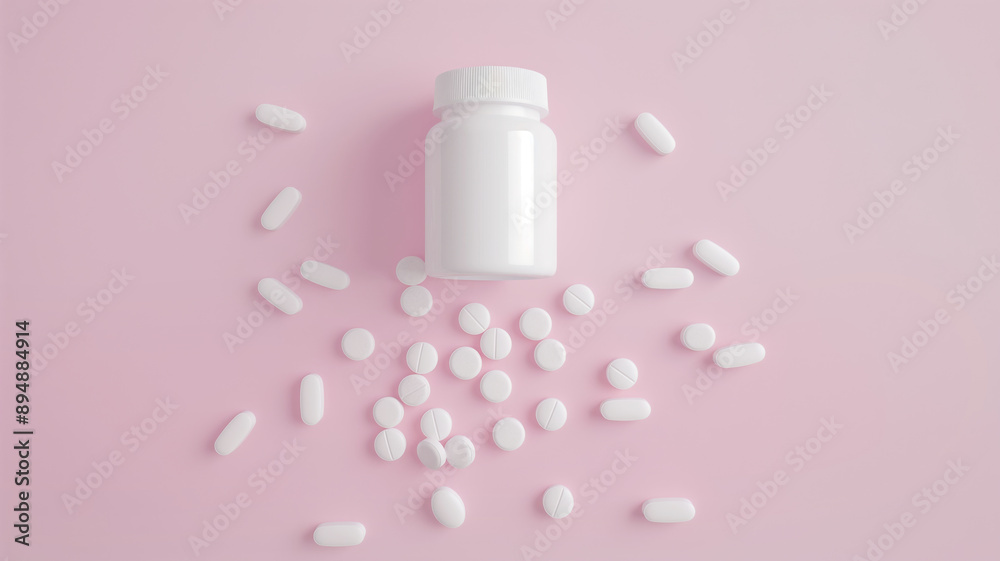 White pill bottle and scattered tablets on a pink background. The image highlights concepts of medication, pharmaceuticals, and healthcare White pill bottle and scattered tablets on a pink background. The image highlights concepts of medication, pharmaceuticals, and healthcare
