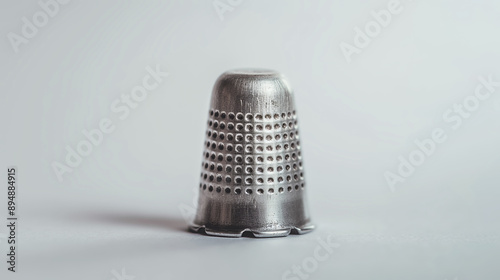 Small metallic thimble standing upright on white background, used in sewing, crafting, protection concept