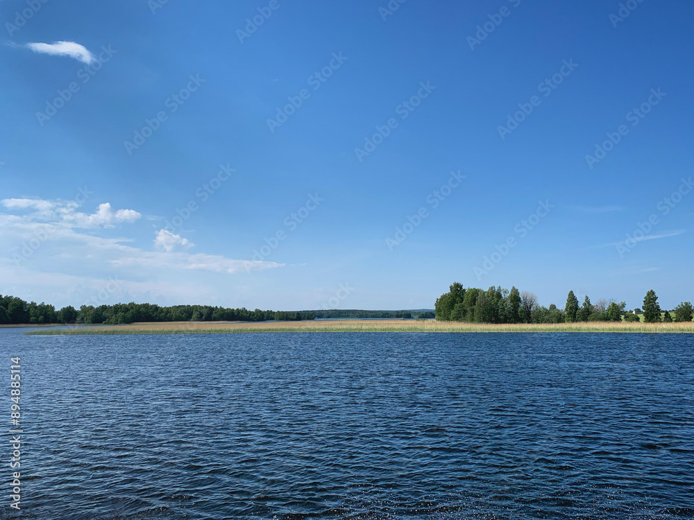 Landscape with the Onega Lake and the islands near Korba, Karelia, Russia, June 2019