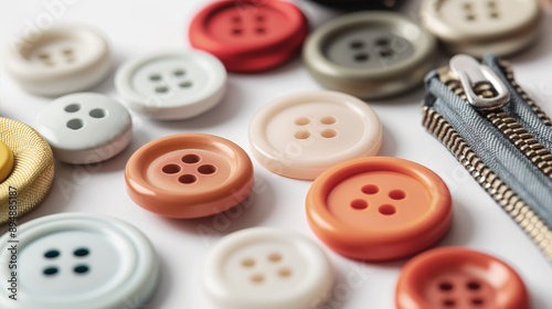 Colorful assortment of buttons and zippers, various sizes and styles, close-up on white background, sewing supplies concept.