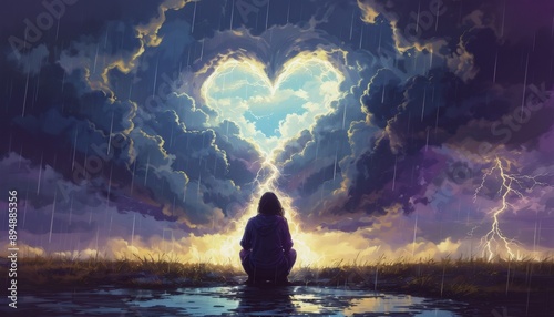 silhouette kneeling, storm cloud erupting from heart, rain forming puddle, deep purples and blues, golden lightning accents, vector art, emotional release depicted, figure on te photo