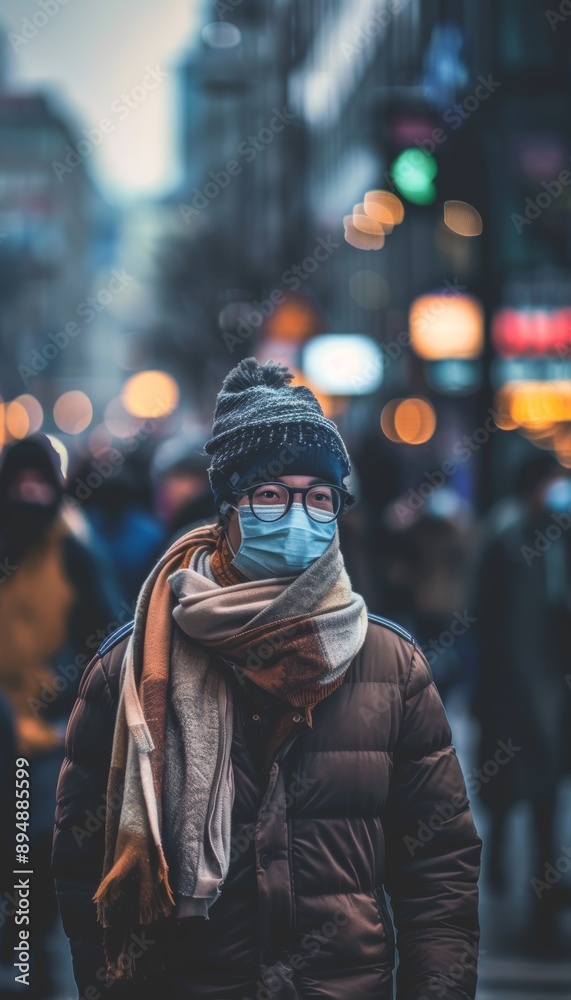 Cold Winter Day Street Scene: Person Wearing Mask and Scarf for Protection, Busy Urban Environment Cold Winter Day Street Scene: Person Wearing Mask and Scarf for Protection, Busy Urban Environment