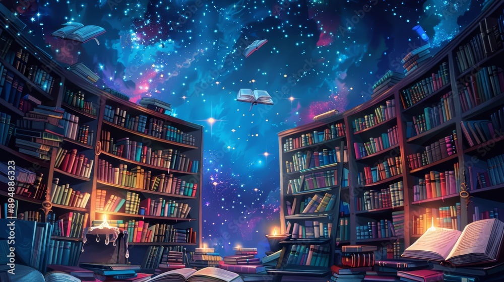 Obraz premium A magical library where books float in the air, surrounded by twinkling stars