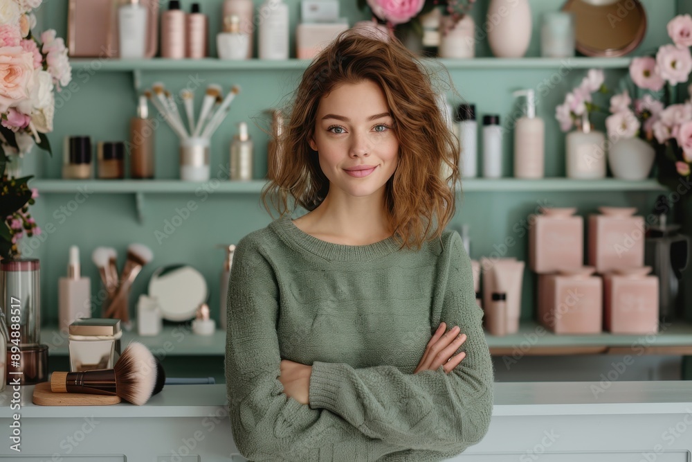 A smiling woman standing confidently with crossed arms in front of a neatly arranged display of various beauty and skincare products in a cozy and colorful shop.