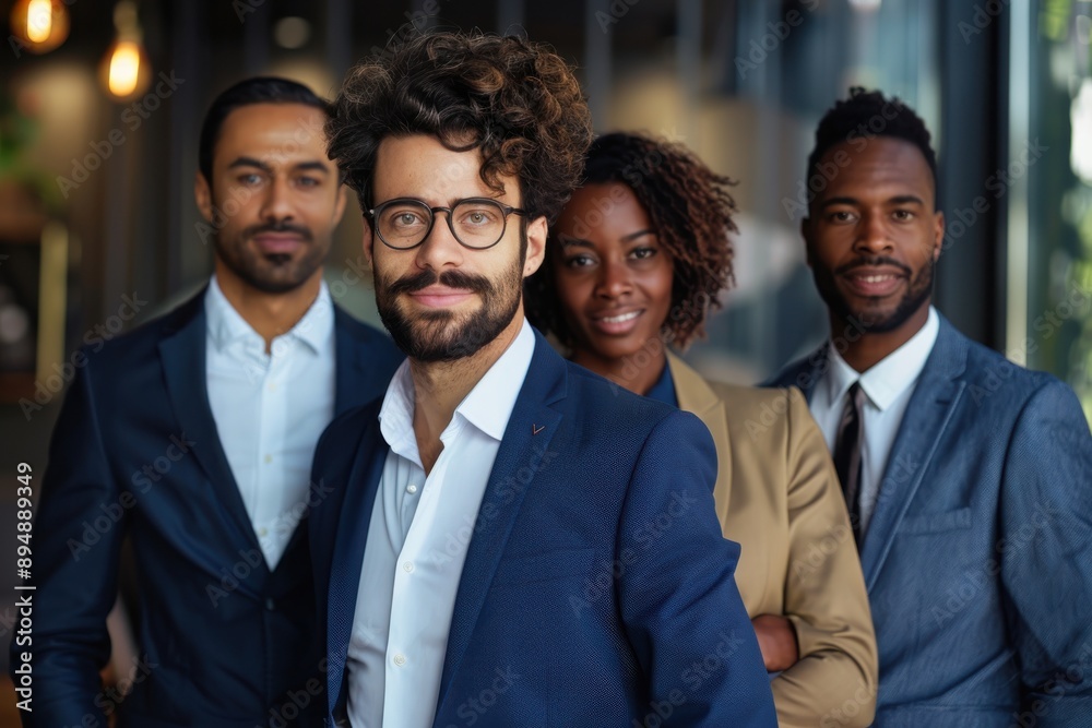 A group of four diverse professionals stand confidently in business attire, smiling and exuding professionalism, teamwork, and success in a modern corporate environment. A group of four diverse professionals stand confidently in business attire, smiling and exuding professionalism, teamwork, and success in a modern corporate environment.